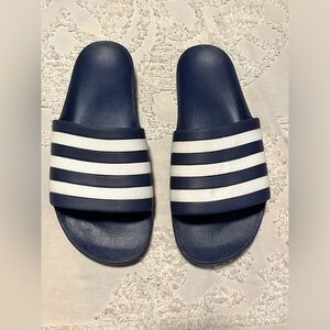 Adidas Mens Slip-on Sandal, Navy Blue W/White Stripes, Sz. 13